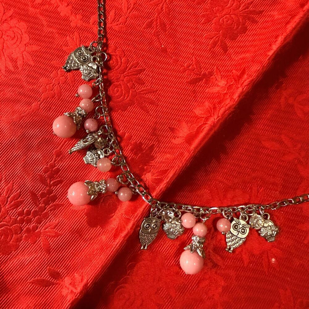 New Old Stock Charm Bracelet Womens Silver Tone Owl Rhinestone Flower Charms